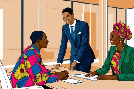 illustration of expense management, show images 1 staff in suits talking with a client in african attire in office, remove write up